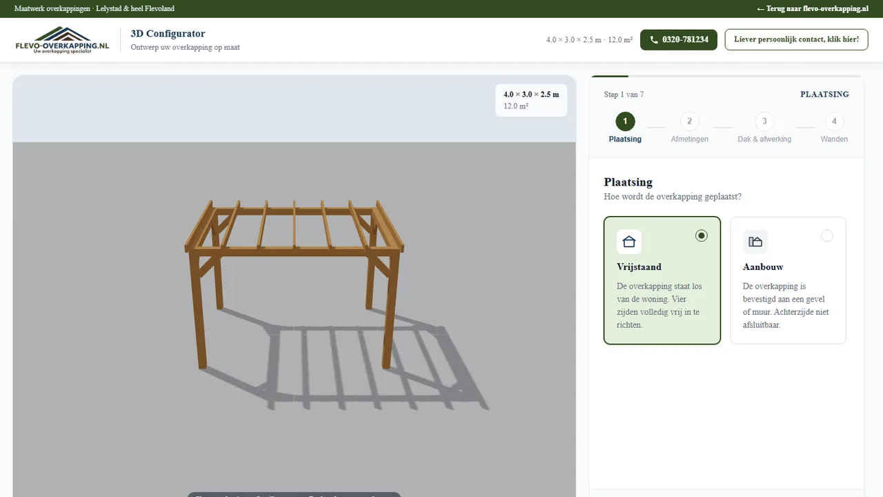 Interactieve 3D-configurator van Flevo Overkapping met overkappingsmodel, keuzestappen en actuele prijsindicatie