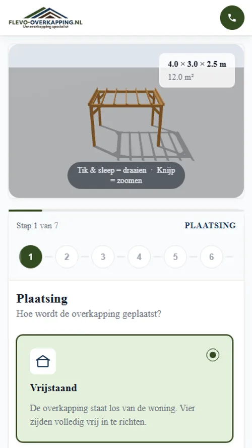Mobiele weergave van de Flevo Overkapping 3D-configurator met 3D-model en plaatsingskeuze