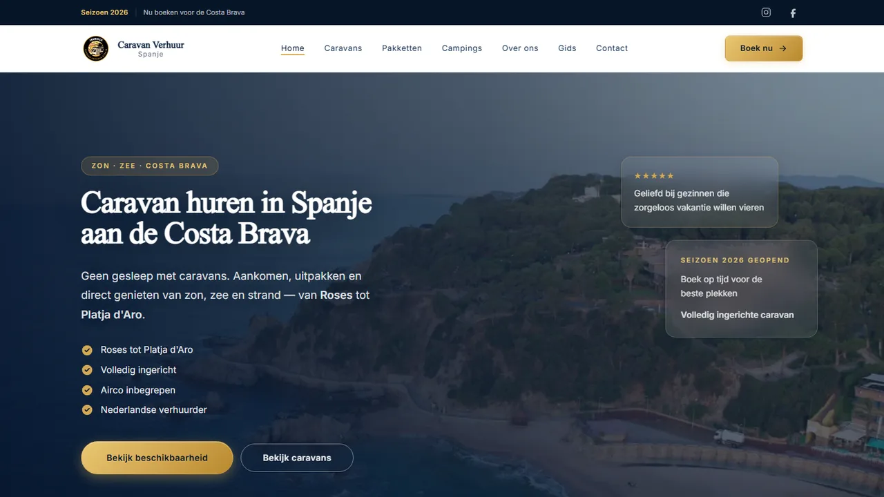 Homepage van Caravan Verhuur Spanje met verhuuraanbod en navigatie naar praktische informatie