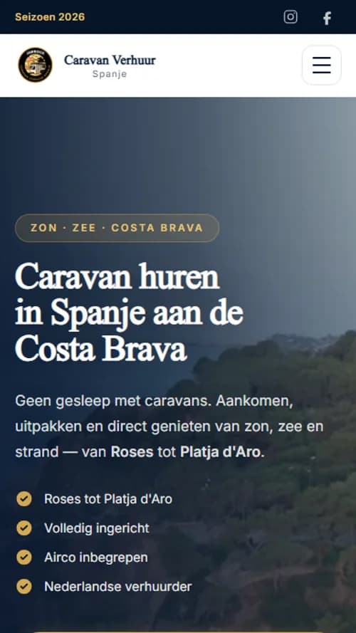 Mobiele weergave van de verhuurwebsite van Caravan Verhuur Spanje