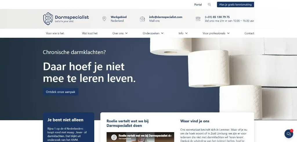 Desktopweergave van de Darmspecialist-website met hero, patiëntinformatie en duidelijke navigatie
