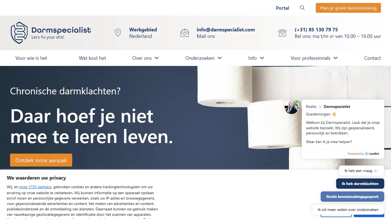 Homepage van Darmspecialist met introductie over chronische darmklachten en duidelijke vervolgstap