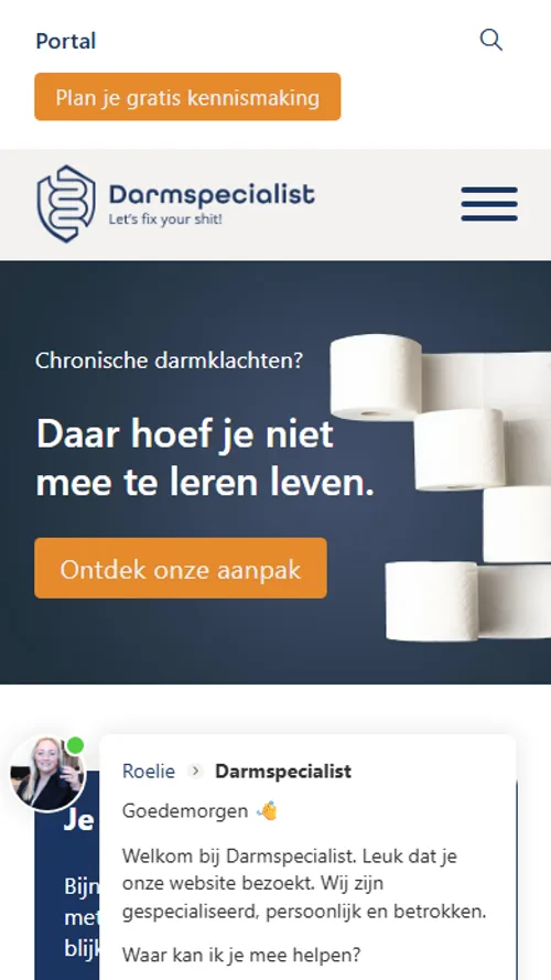 Mobiele weergave van de Darmspecialist-website met hero en navigatie