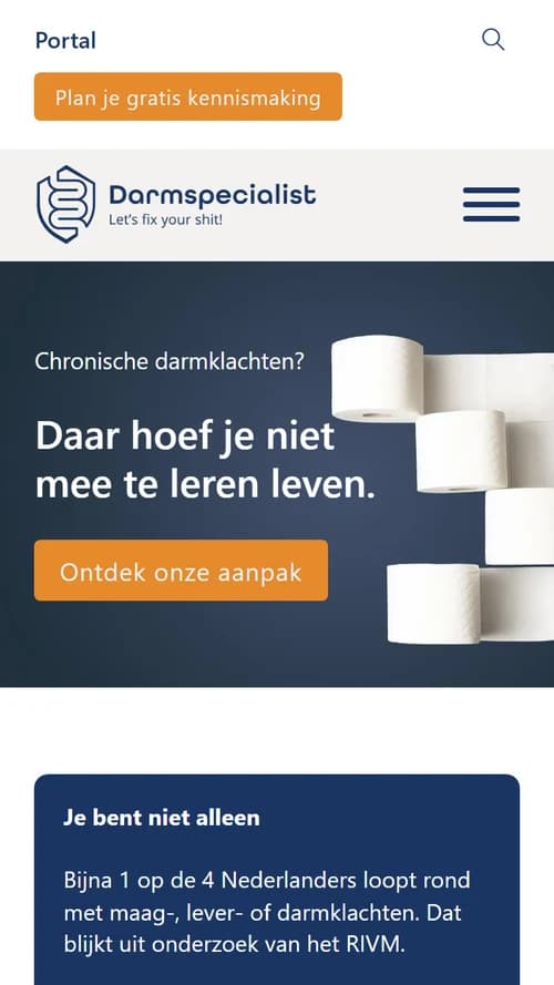 Mobiele weergave van de Darmspecialist-website met hero en navigatie