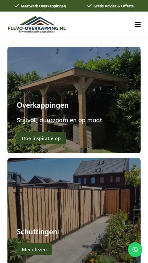 Mobiele weergave van de Flevo-Overkapping-website met overkappingen en schuttingen